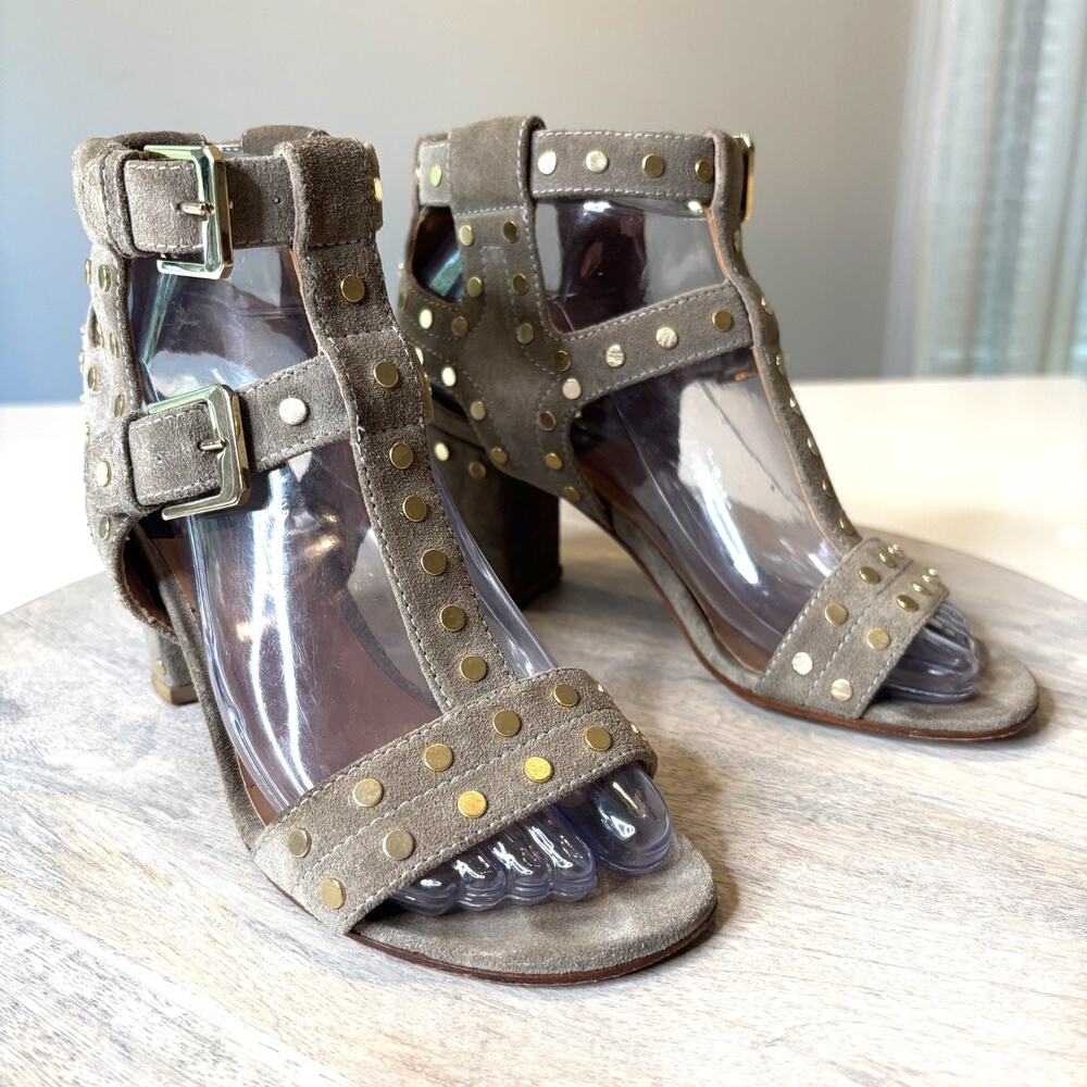 Laurence Dacade Suede Studded Block Heel Sandals Gray Taupe EU 37.5 US 7.5 Italy